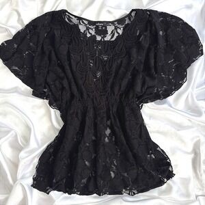 Takara Black Lace Crochet Flutter Sleeve Empire Waist Boho Blouse Medium